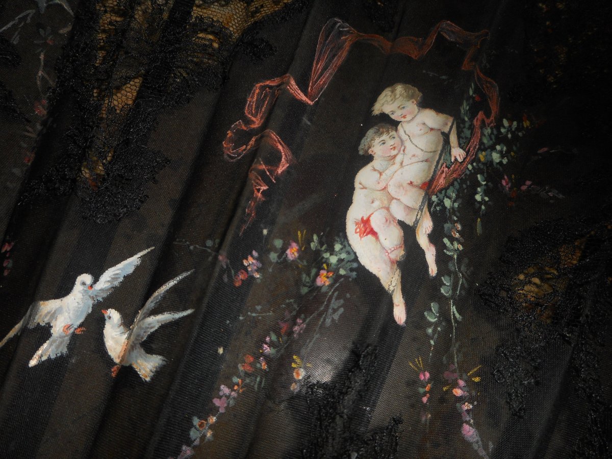 Fan Nineteenth Time In Lace And Tortoiseshell Signed Putti Scene-photo-2