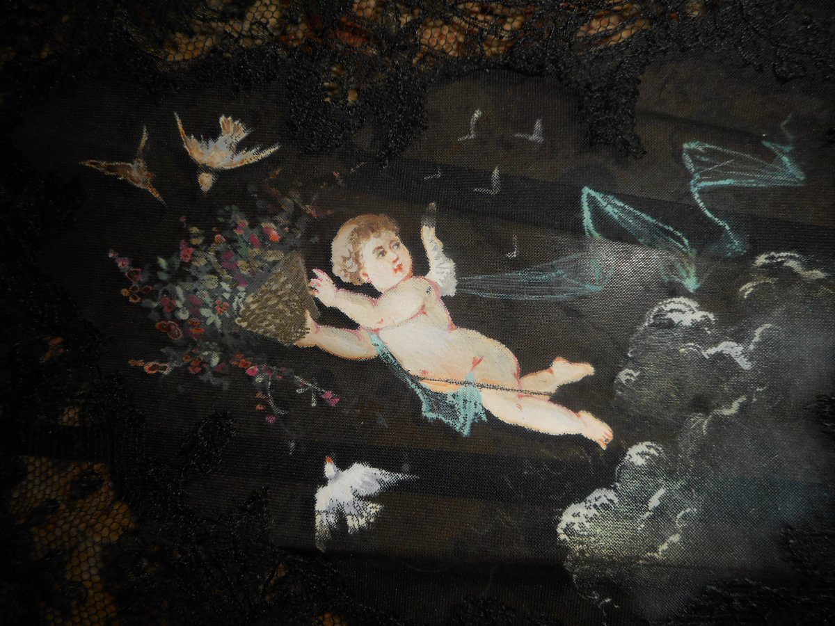 Fan Nineteenth Time In Lace And Tortoiseshell Signed Putti Scene-photo-4