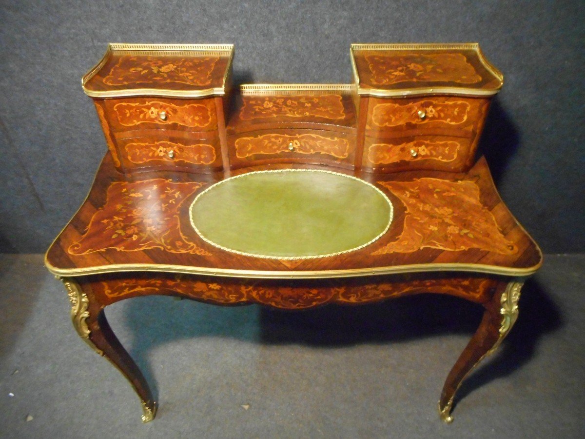 Curved Lady's Desk Napoleon III In Marquetry And Gilt Bronze-photo-2