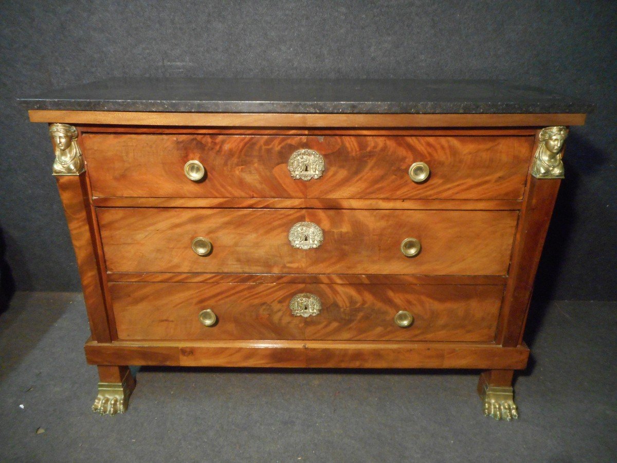 Empire Period Commode In Blond Cuban Mahogany And Gilt Bronze