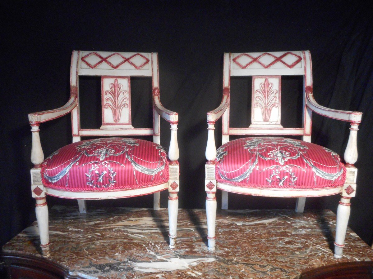 Pair Of Directoire Period Armchair In Lacquered Wood