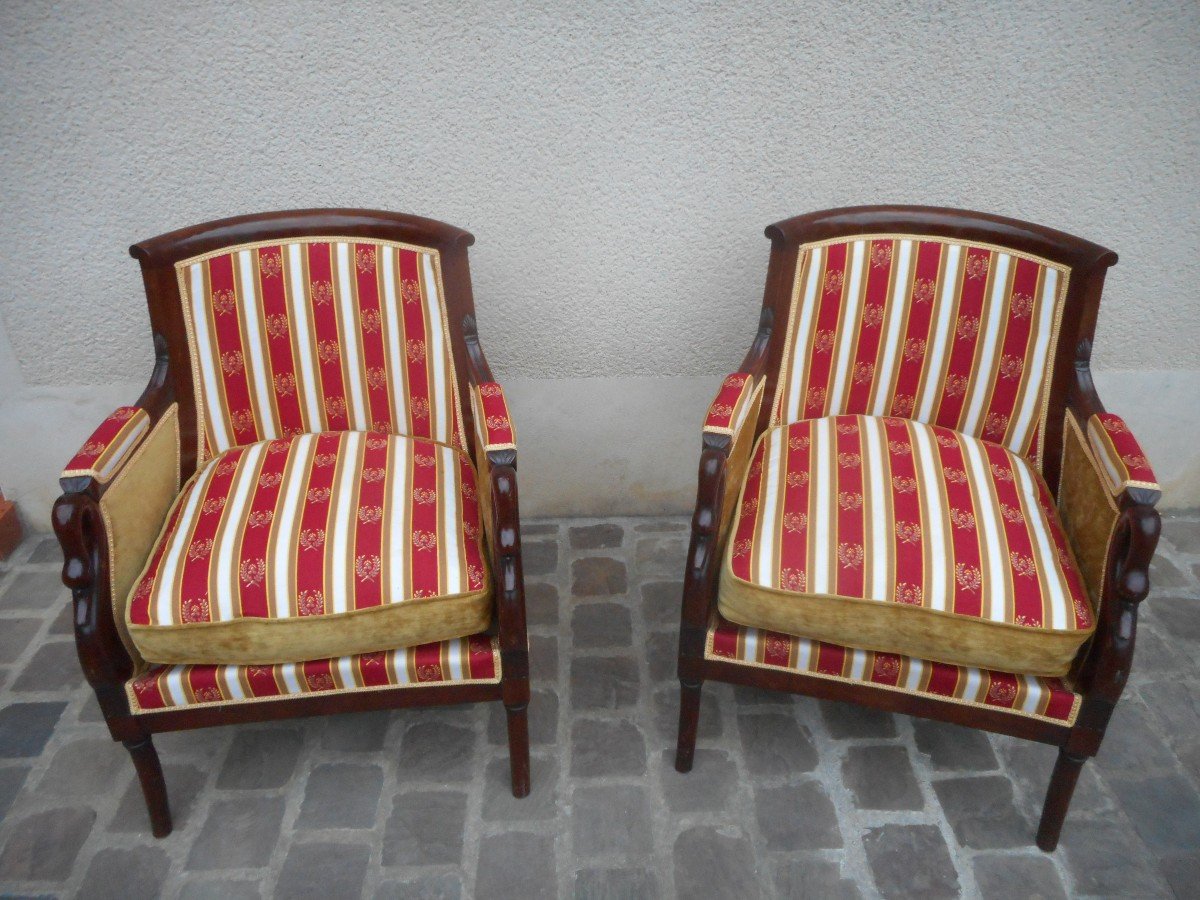 Pair Of Directoire Swan Neck Bergères In Mahogany From Cuba Napoleon III Period-photo-2