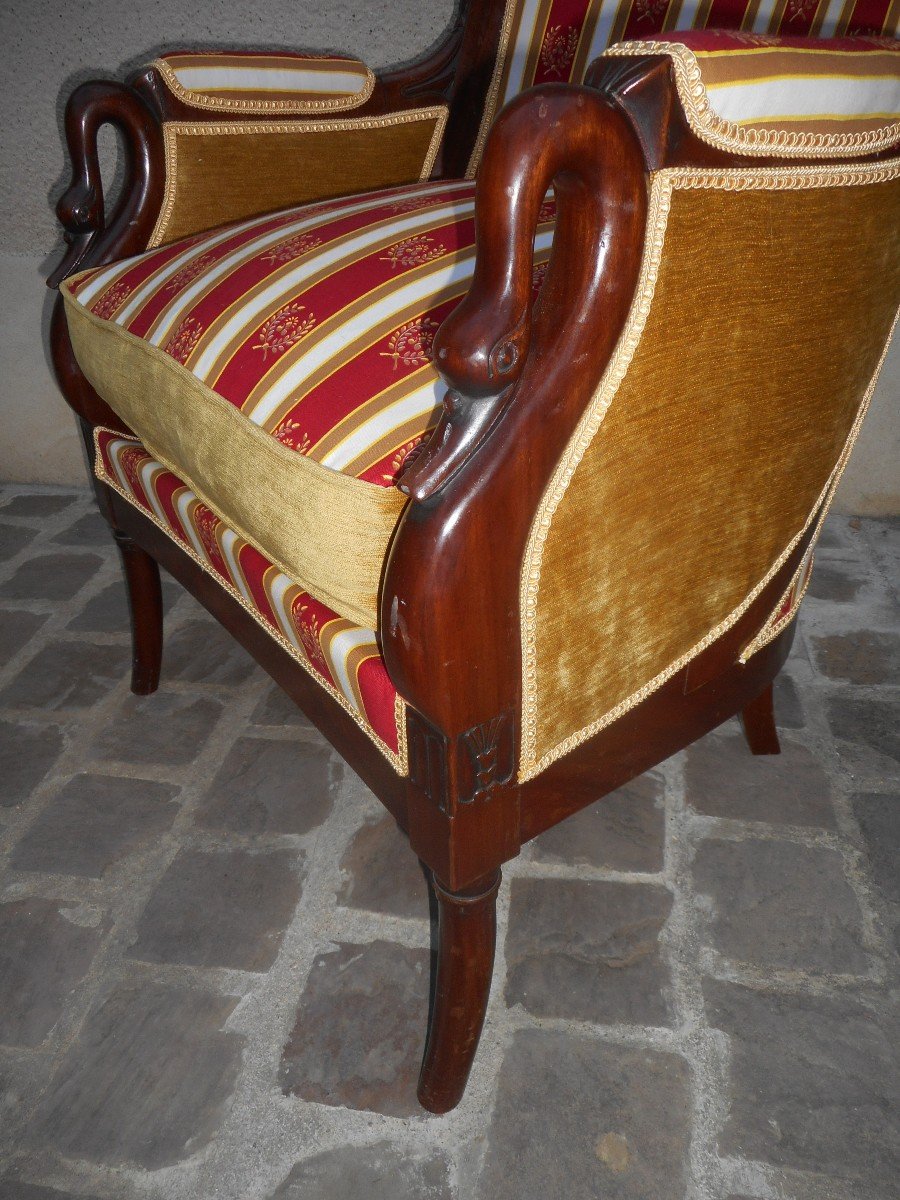 Pair Of Directoire Swan Neck Bergères In Mahogany From Cuba Napoleon III Period-photo-3