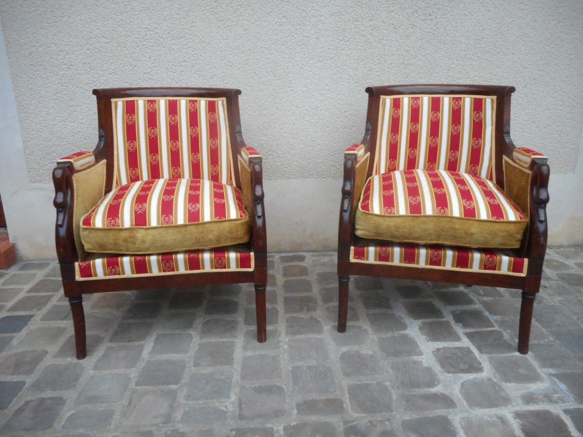 Pair Of Directoire Swan Neck Bergères In Mahogany From Cuba Napoleon III Period