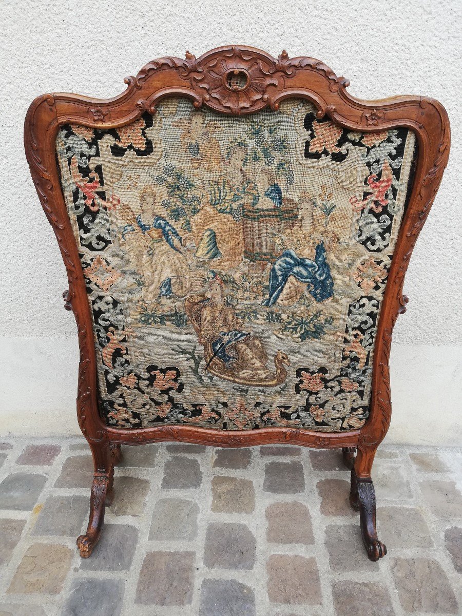 Ecran De Cheminée d'époque Louis XV En Noyer Et Tapisserie