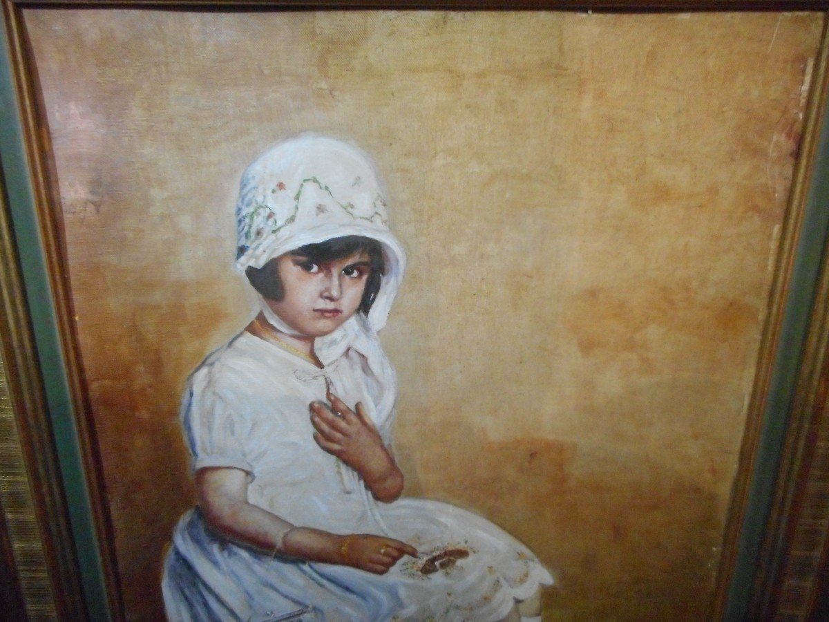 Table Young Girl Sitting Oil On Cardboard Early Twentieth-photo-1