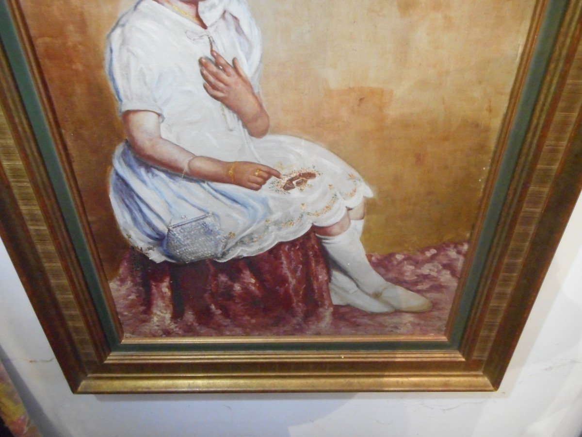 Tableau Jeune Fille assise Huile Sur Carton Début XXe-photo-2