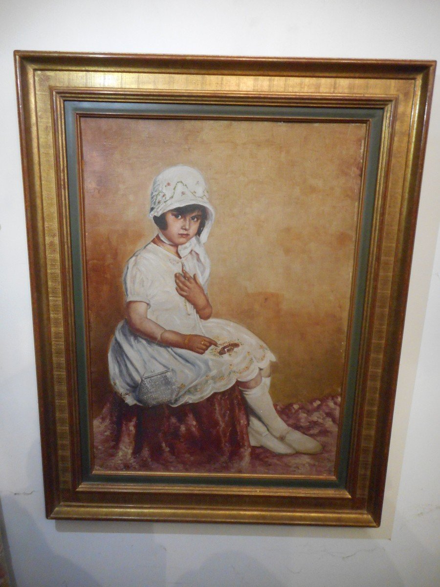 Table Young Girl Sitting Oil On Cardboard Early Twentieth