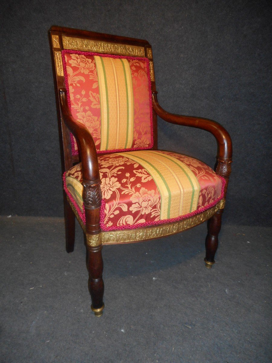 Series Of Restoration Period Armchairs Attributed To Jacob In Cuban Mahogany And Gilt Bronze-photo-3