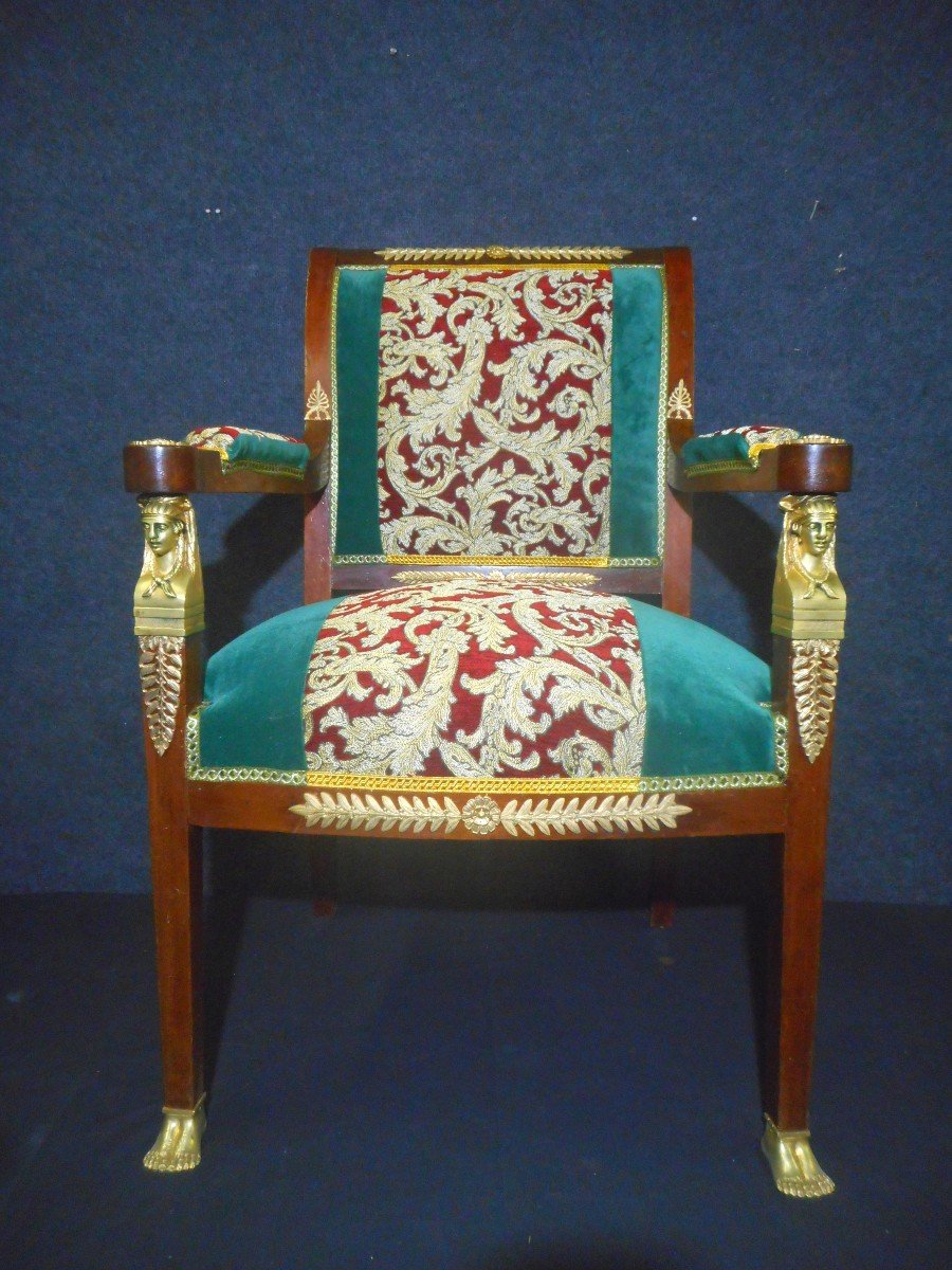 Série De Fauteuil époque Empire En Acajou Et Bronze Doré-photo-2