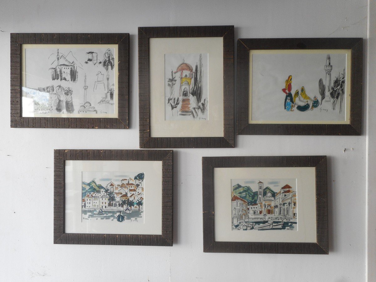 Series Of Five Watercolors By The Montmartre Painter Gabrielle Canon-courio