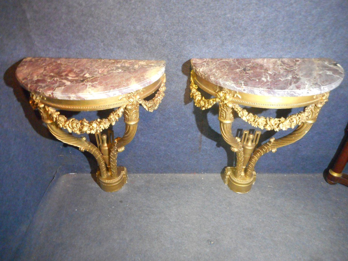 Pair Of Console With Cornucopias In Golden Wood Nineteenth Time-photo-2