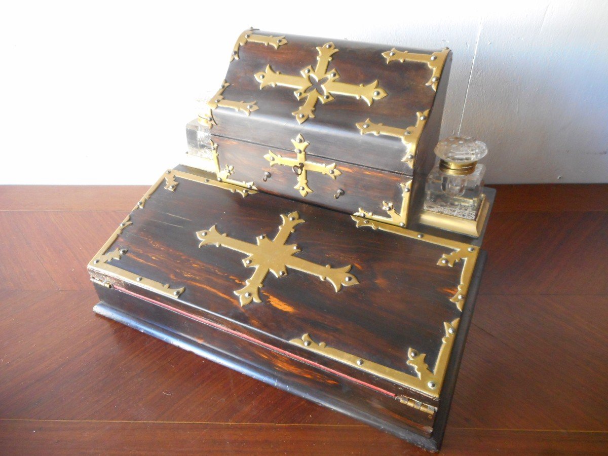 Writing Inkwell In Marquetry And Gilt Bronze Nineteenth Time-photo-2