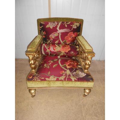 Golden Wood Carved Armchair Napoleon III With Silks Rare Model