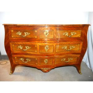 Curved Commode In Floral Marquetry And Gilt Bronze Eighteenth Time