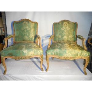 Pair Of Lacquered Wood And Silk Armchairs, Early 19th Century