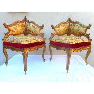 Pair Of Golden Wood Corner Armchairs 19th Century