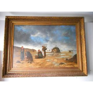 Large Beach Scene Painting By Hm Van Baarle Dated 1884