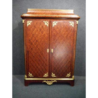 Small XIXth Wardrobe Stamped Paul Sormani In Marquetry And Gilded Bronze