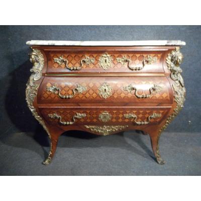 Commode In Marquetry And Gilt Bronze Nineteenth Time Stamped Bastet In Lyon