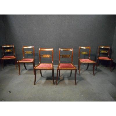 Series Of 19th Century Chairs In Rosewood And Brass Marquetry