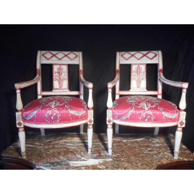 Pair Of Directoire Period Armchair In Lacquered Wood