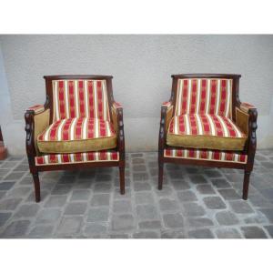 Pair Of Directoire Swan Neck Bergères In Mahogany From Cuba Napoleon III Period