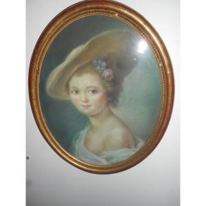 Pastel Portrait De Femme Au Chapeau époque XIXe