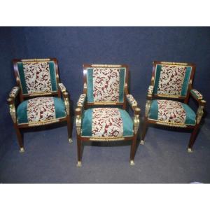 Empire Period Armchair Series In Mahogany And Gilt Bronze