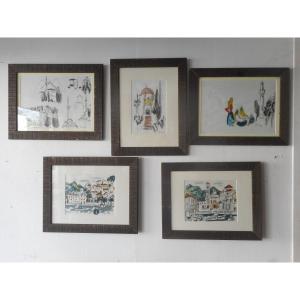 Series Of Five Watercolors By The Montmartre Painter Gabrielle Canon-courio
