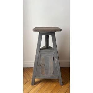 Large Sculptor's Workshop Stool Made Of Weathered Oak With Storage, Early 20th Century