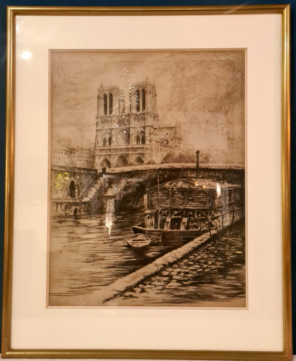 Eau Forte  Vue quai de seine -Notre Dame De Paris 