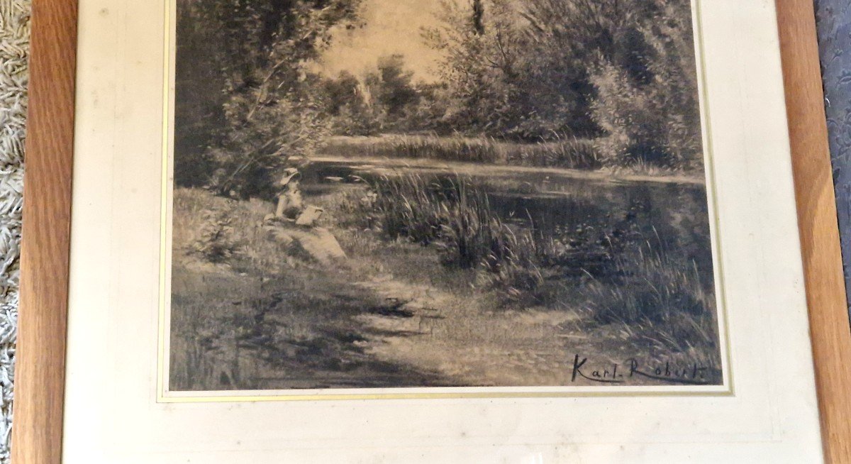 Dessin Fusain XIXeme Bords De Loir par Karl Robert (1848-1899)-photo-2