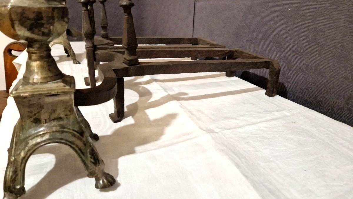 Paire De Chenets Louis XIV En Laiton Et Fer XVII-photo-3