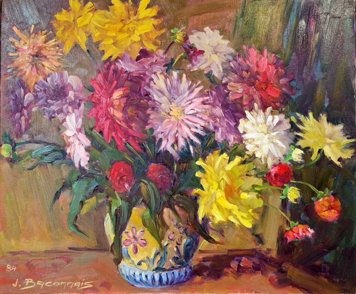 Huile de Jean Baconnais XXe -Bouquets De Fleurs-photo-3
