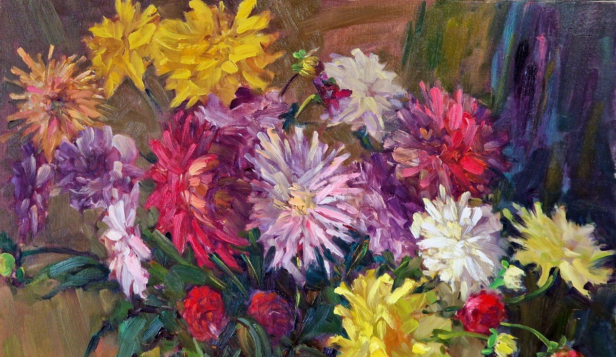 Huile de Jean Baconnais XXe -Bouquets De Fleurs-photo-1