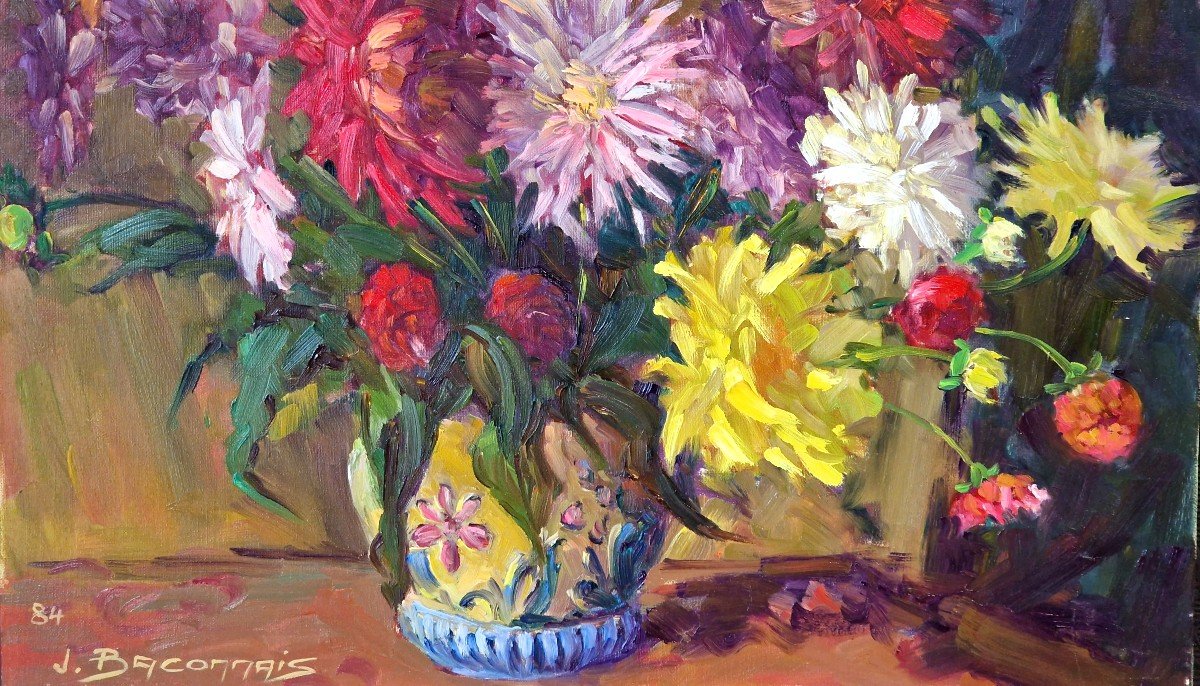 Huile de Jean Baconnais XXe -Bouquets De Fleurs-photo-2