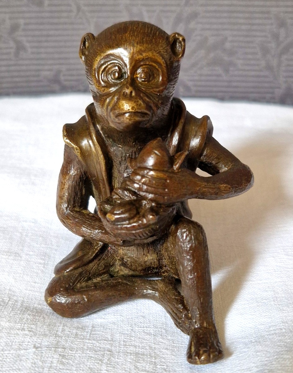 Singe Assis En Bronze Par Edouard Enot -photo-2