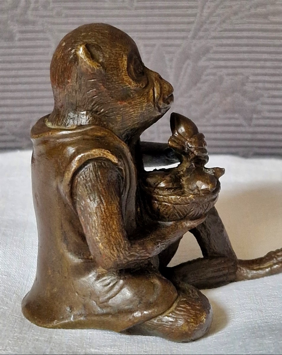 Singe Assis En Bronze Par Edouard Enot -photo-3