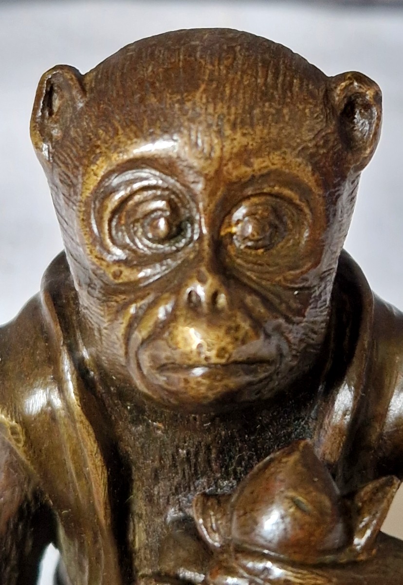Singe Assis En Bronze Par Edouard Enot -photo-2