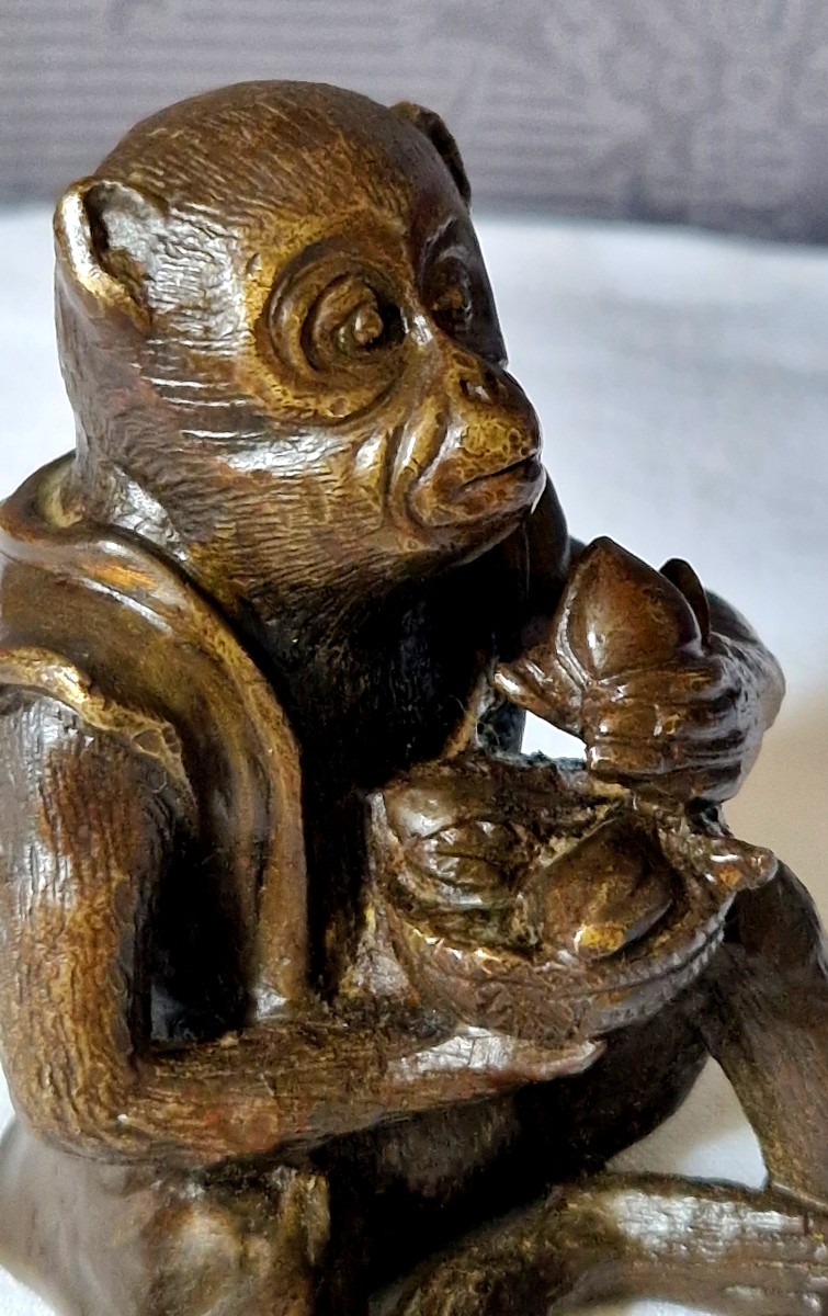 Singe Assis En Bronze Par Edouard Enot -photo-3