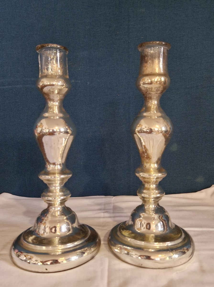 Paire de bougeoirs  en verre églomisé/mercurisé-photo-2