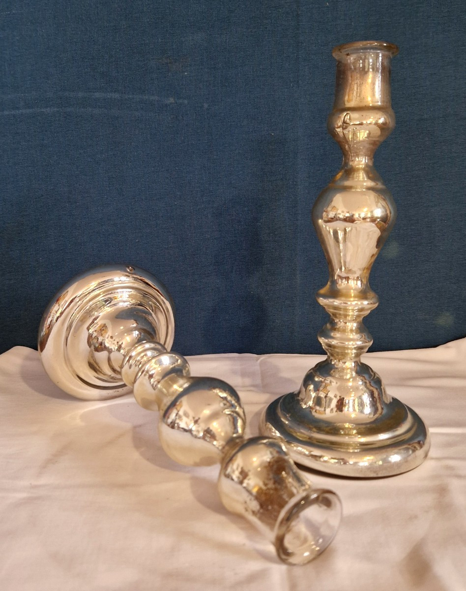Paire de bougeoirs  en verre églomisé/mercurisé-photo-3