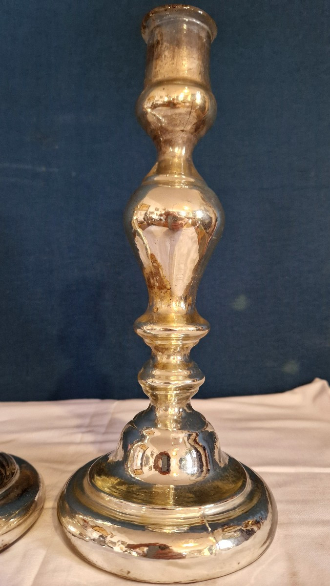 Paire de bougeoirs  en verre églomisé/mercurisé-photo-5