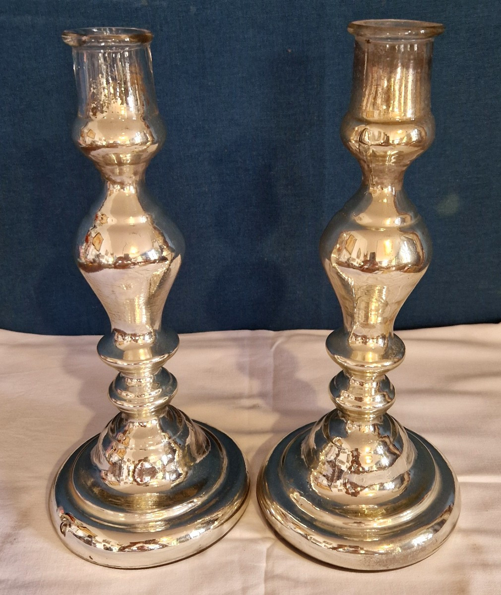 Paire de bougeoirs  en verre églomisé/mercurisé-photo-6