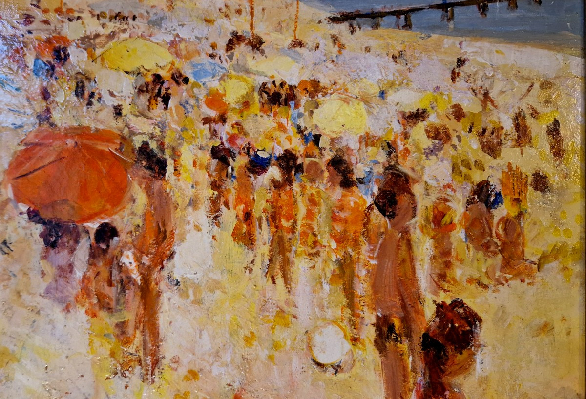 Plage au parasol rouge par Alain Rousseau (1926-2007)-photo-1