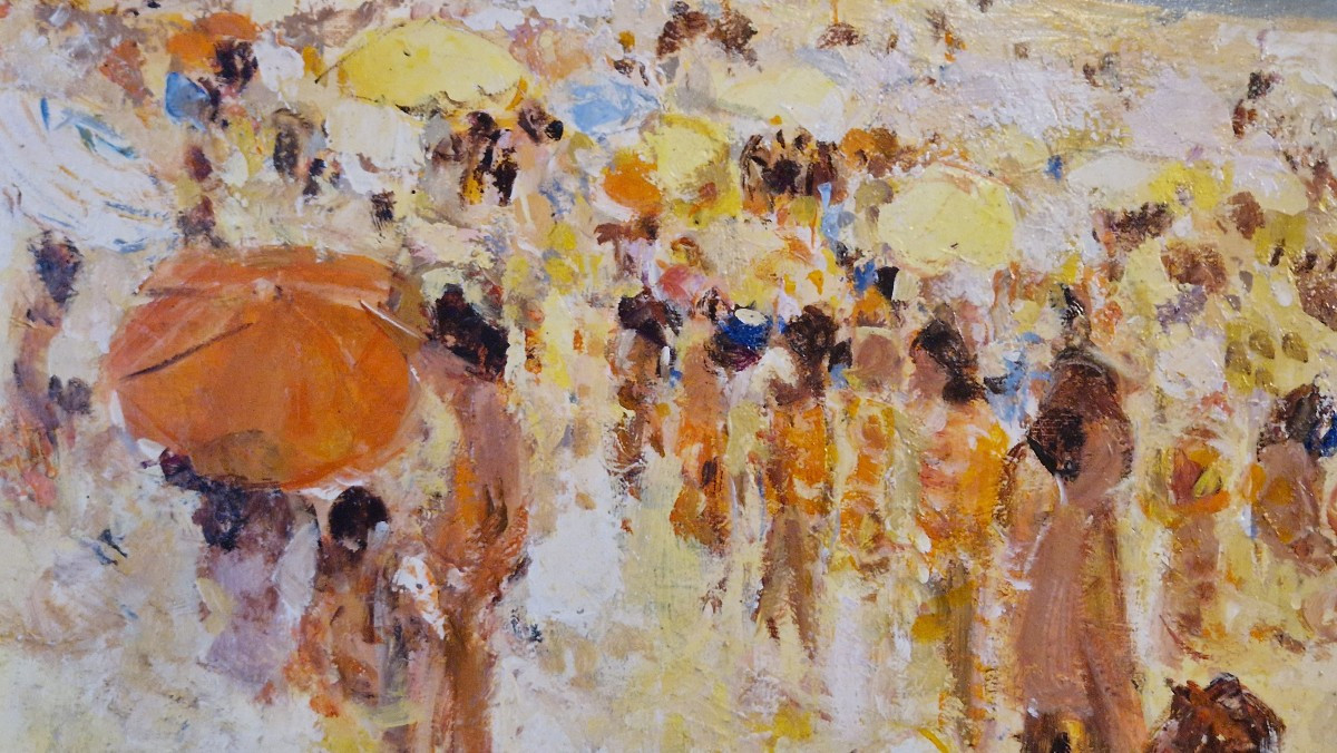 Plage au parasol rouge par Alain Rousseau (1926-2007)-photo-2
