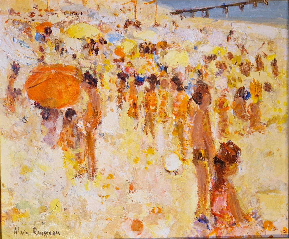 Plage au parasol rouge par Alain Rousseau (1926-2007)