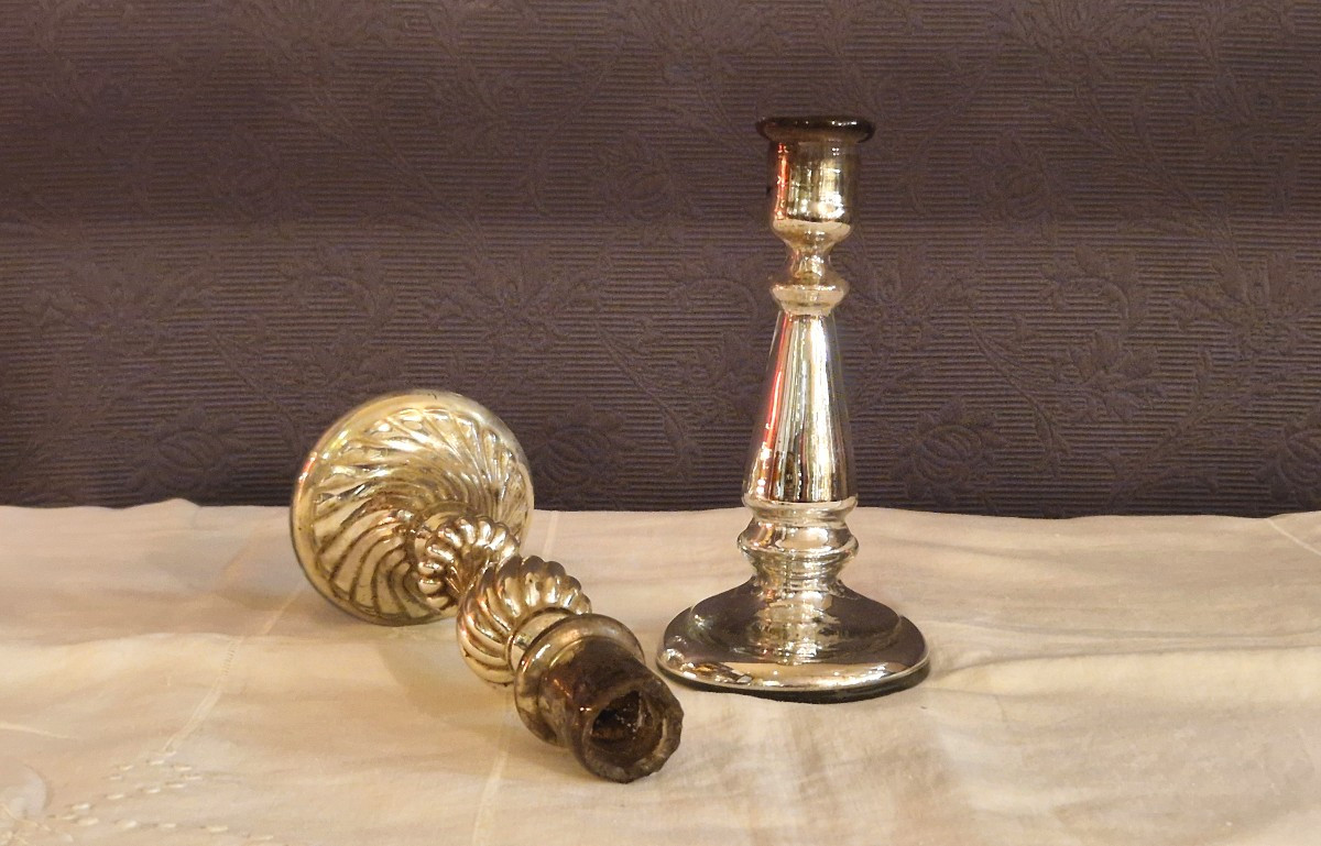 Deux bougeoirs en verres mercurisé XIX ème-photo-3