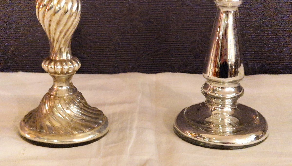 Deux bougeoirs en verres mercurisé XIX ème-photo-3